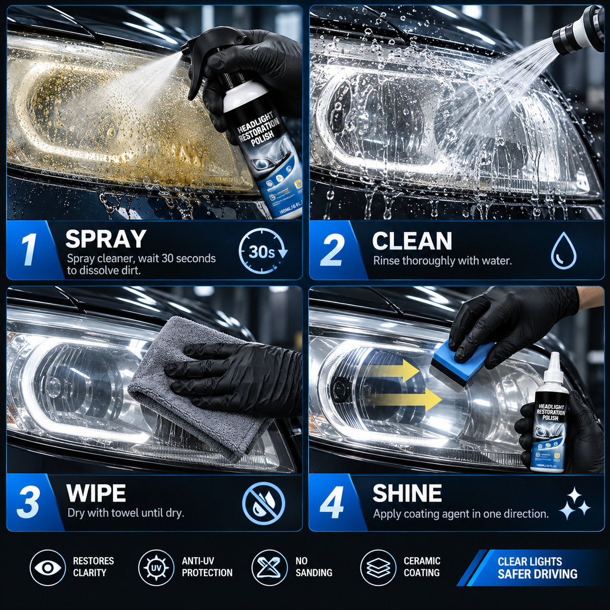 🔥 Headlight Restoration Kit – Restore Cloudy & Yellow Headlights with UV Protection ✨