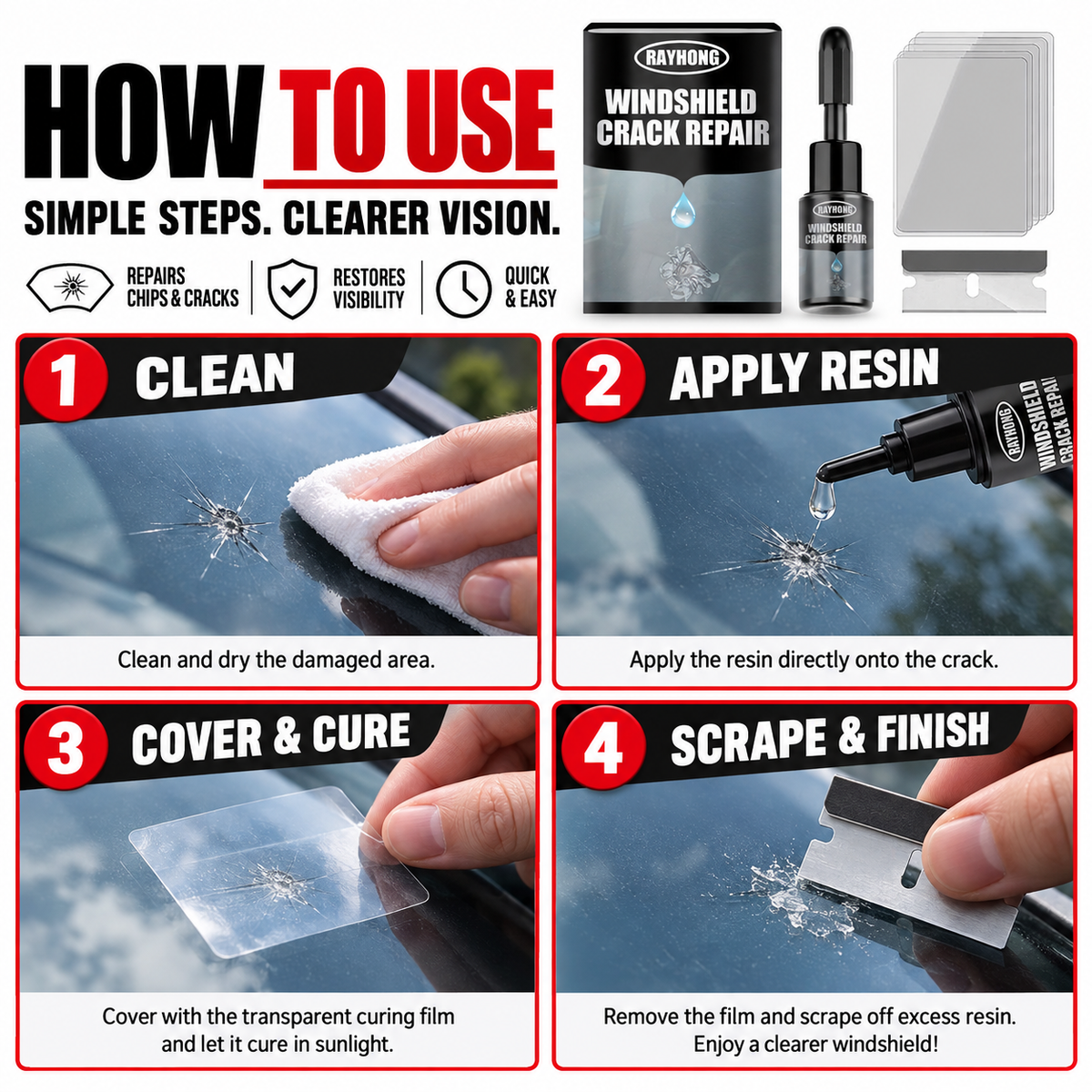 🚗 Windshield Crack Repair Kit – Easy DIY Repair for Chips & Small Cracks 🔧