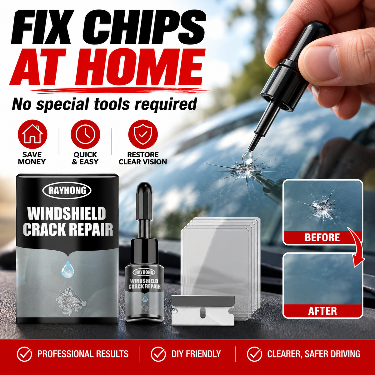 🚗 Windshield Crack Repair Kit – Easy DIY Repair for Chips & Small Cracks 🔧